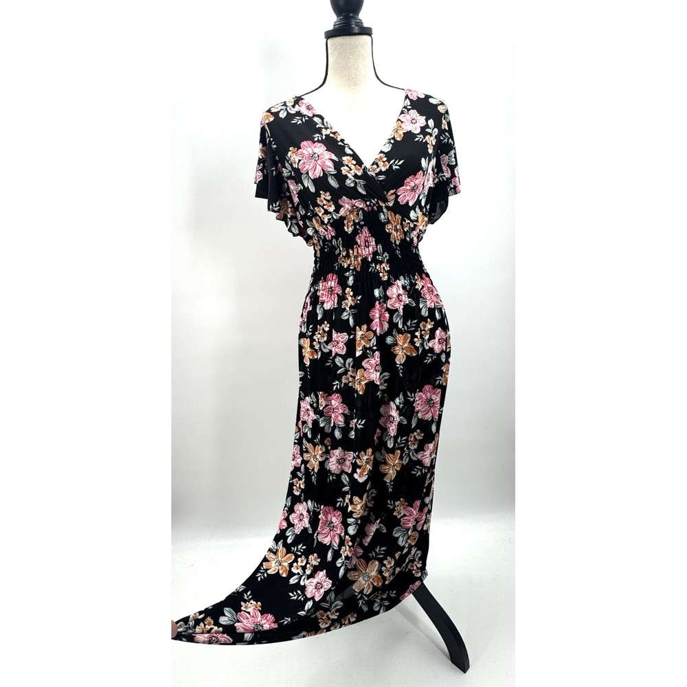 Tamsy Dark Floral Babydoll Maxi Dress OS Flutter Sleeve Stretch Whimsigoth Boho